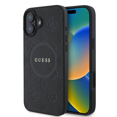 Apple iPhone 16 Kılıf Guess Orjinal Lisanslı Magsafe Şarj Özellikli Yazı Logolu Saffiano Peony Kapak Siyah