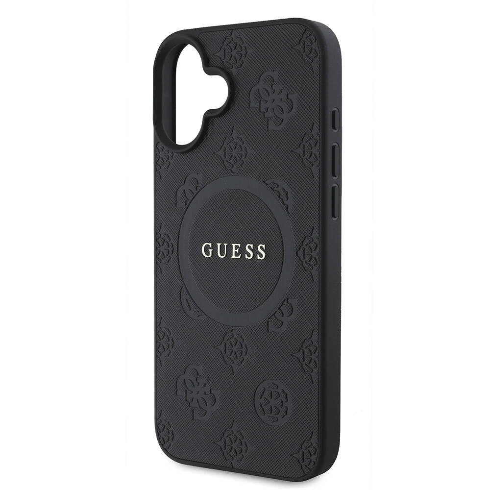 Apple iPhone 16 Kılıf Guess Orjinal Lisanslı Magsafe Şarj Özellikli Yazı Logolu Saffiano Peony Kapak Siyah