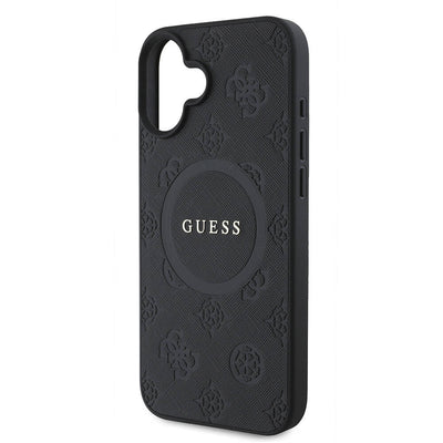 Apple iPhone 16 Kılıf Guess Orjinal Lisanslı Magsafe Şarj Özellikli Yazı Logolu Saffiano Peony Kapak Siyah