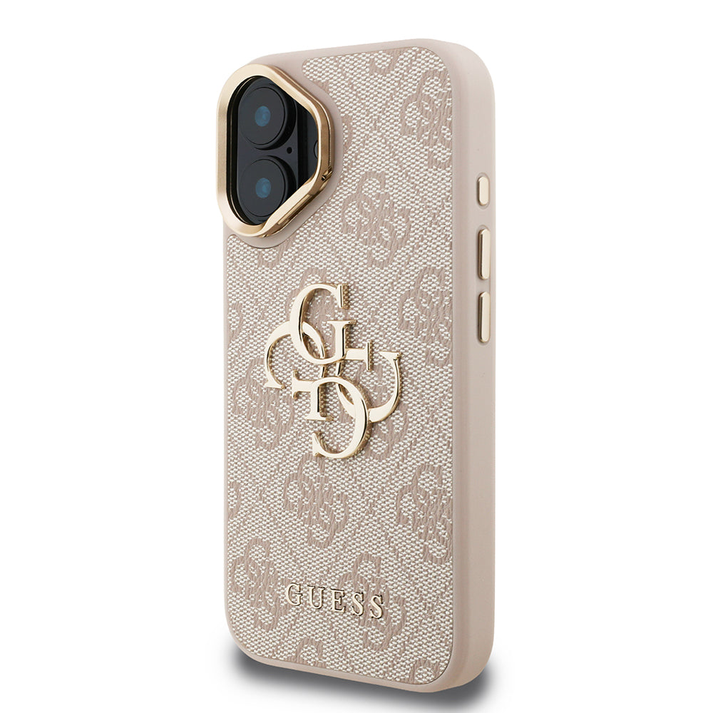 Apple iPhone 16 Kılıf Guess Orjinal Lisanslı PU Deri 4G Desenli Metal Büyük 4G ve Yazı Logolu Kamera Standlı Kapak Mavi