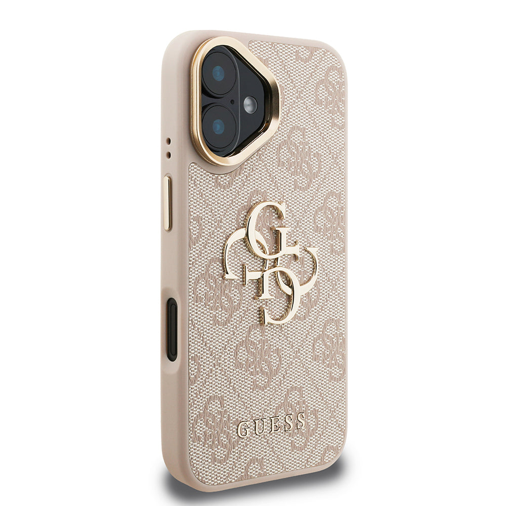 Apple iPhone 16 Kılıf Guess Orjinal Lisanslı PU Deri 4G Desenli Metal Büyük 4G ve Yazı Logolu Kamera Standlı Kapak Siyah