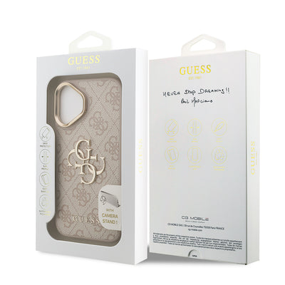 Apple iPhone 16 Kılıf Guess Orjinal Lisanslı PU Deri 4G Desenli Metal Büyük 4G ve Yazı Logolu Kamera Standlı Kapak Kahverengi