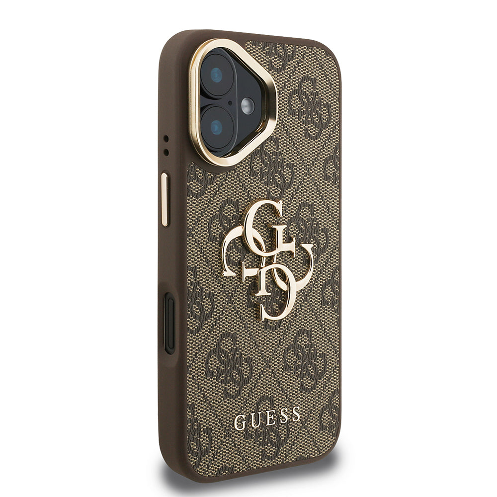 Apple iPhone 16 Kılıf Guess Orjinal Lisanslı PU Deri 4G Desenli Metal Büyük 4G ve Yazı Logolu Kamera Standlı Kapak Siyah