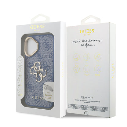 iPhone 16 Kılıf Guess Orjinal Lisanslı PU Deri 4G Desenli Metal Büyük 4G ve Yazı Logolu Kamera Standlı Kılıf