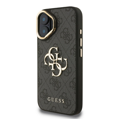 Apple iPhone 16 Kılıf Guess Orjinal Lisanslı PU Deri 4G Desenli Metal Büyük 4G ve Yazı Logolu Kamera Standlı Kapak Siyah