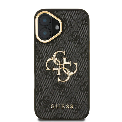 Apple iPhone 16 Kılıf Guess Orjinal Lisanslı PU Deri 4G Desenli Metal Büyük 4G ve Yazı Logolu Kamera Standlı Kapak Mavi