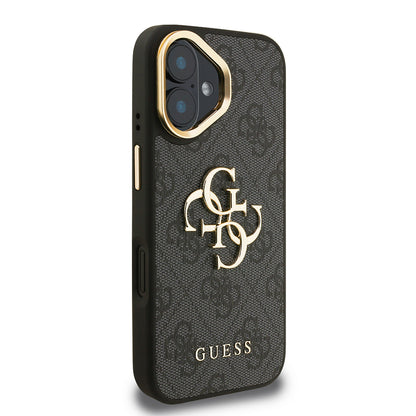 iPhone 16 Kılıf Guess Orjinal Lisanslı PU Deri 4G Desenli Metal Büyük 4G ve Yazı Logolu Kamera Standlı Kılıf