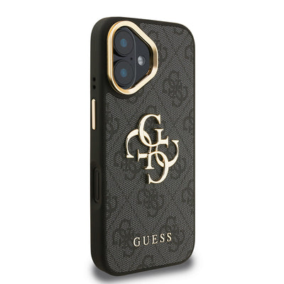 Apple iPhone 16 Kılıf Guess Orjinal Lisanslı PU Deri 4G Desenli Metal Büyük 4G ve Yazı Logolu Kamera Standlı Kapak Siyah