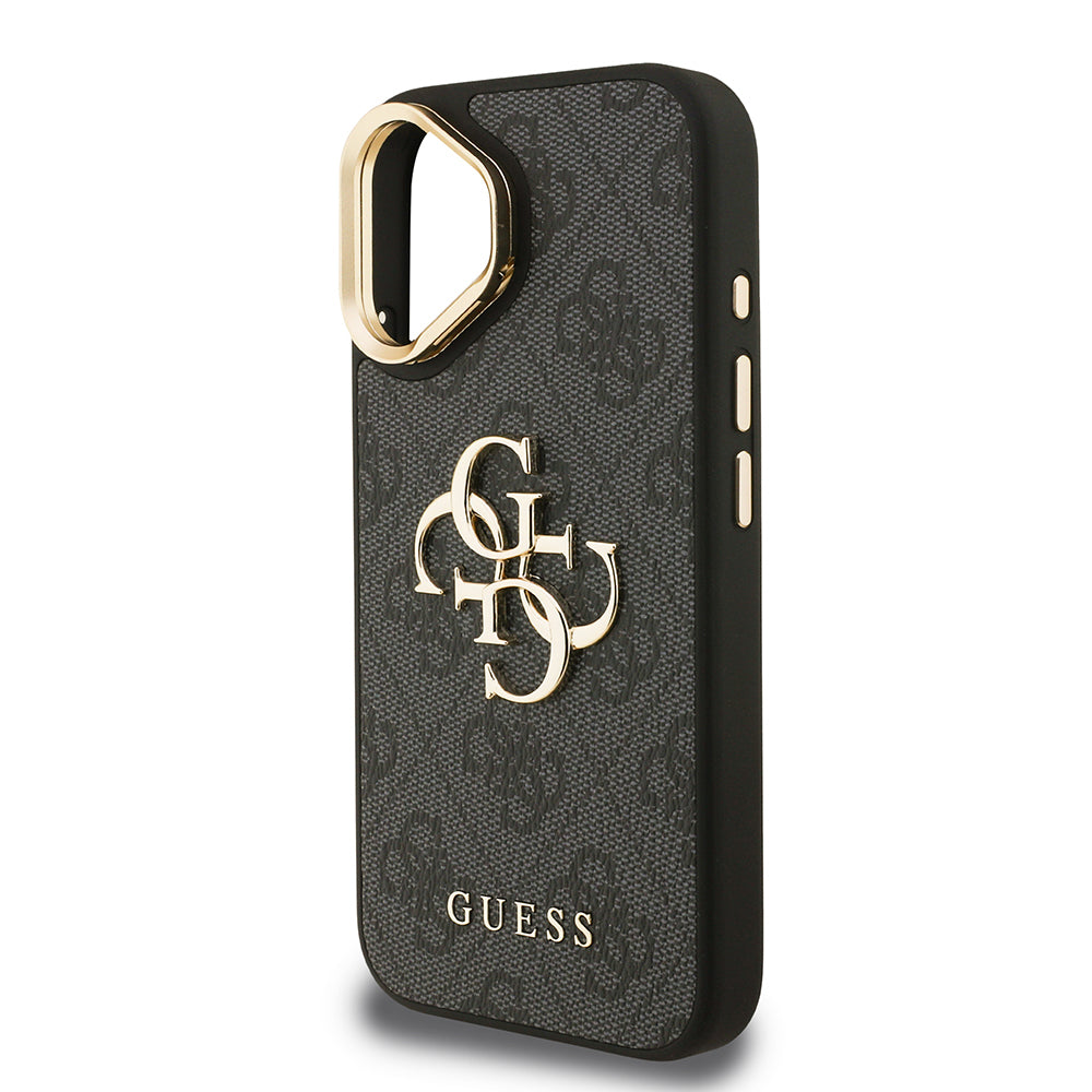 Apple iPhone 16 Kılıf Guess Orjinal Lisanslı PU Deri 4G Desenli Metal Büyük 4G ve Yazı Logolu Kamera Standlı Kapak Siyah