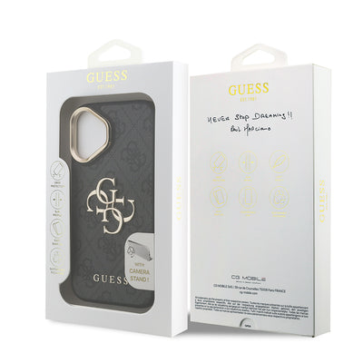 Apple iPhone 16 Kılıf Guess Orjinal Lisanslı PU Deri 4G Desenli Metal Büyük 4G ve Yazı Logolu Kamera Standlı Kapak Siyah