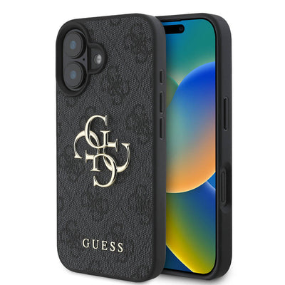 Apple iPhone 16 Kılıf Guess Orjinal Lisanslı PU Deri 4G Desenli Metal Büyük 4G ve Yazı Logolu Kapak Kahverengi