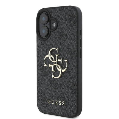 Apple iPhone 16 Kılıf Guess Orjinal Lisanslı PU Deri 4G Desenli Metal Büyük 4G ve Yazı Logolu Kapak Kahverengi
