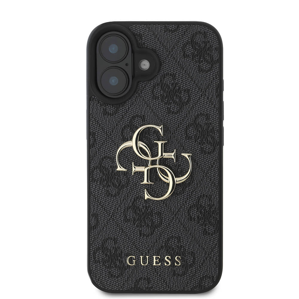 Apple iPhone 16 Kılıf Guess Orjinal Lisanslı PU Deri 4G Desenli Metal Büyük 4G ve Yazı Logolu Kapak Kahverengi