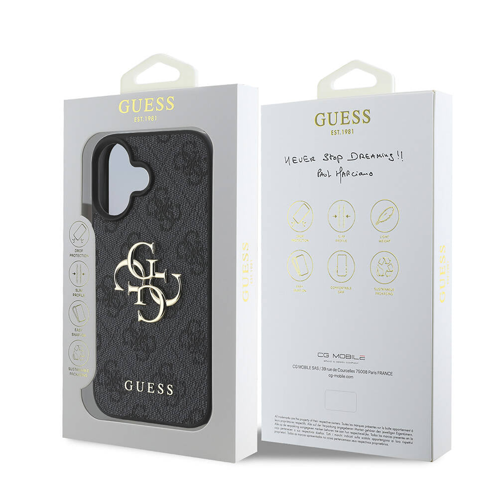 iPhone 16 Kılıf Guess Orjinal Lisanslı PU Deri 4G Desenli Metal Büyük 4G ve Yazı Logolu Kılıf