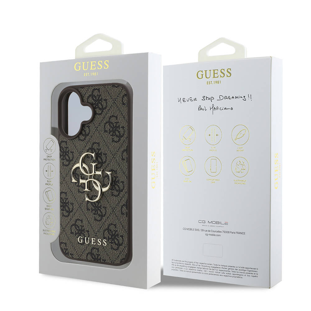 Apple iPhone 16 Kılıf Guess Orjinal Lisanslı PU Deri 4G Desenli Metal Büyük 4G ve Yazı Logolu Kapak Kahverengi