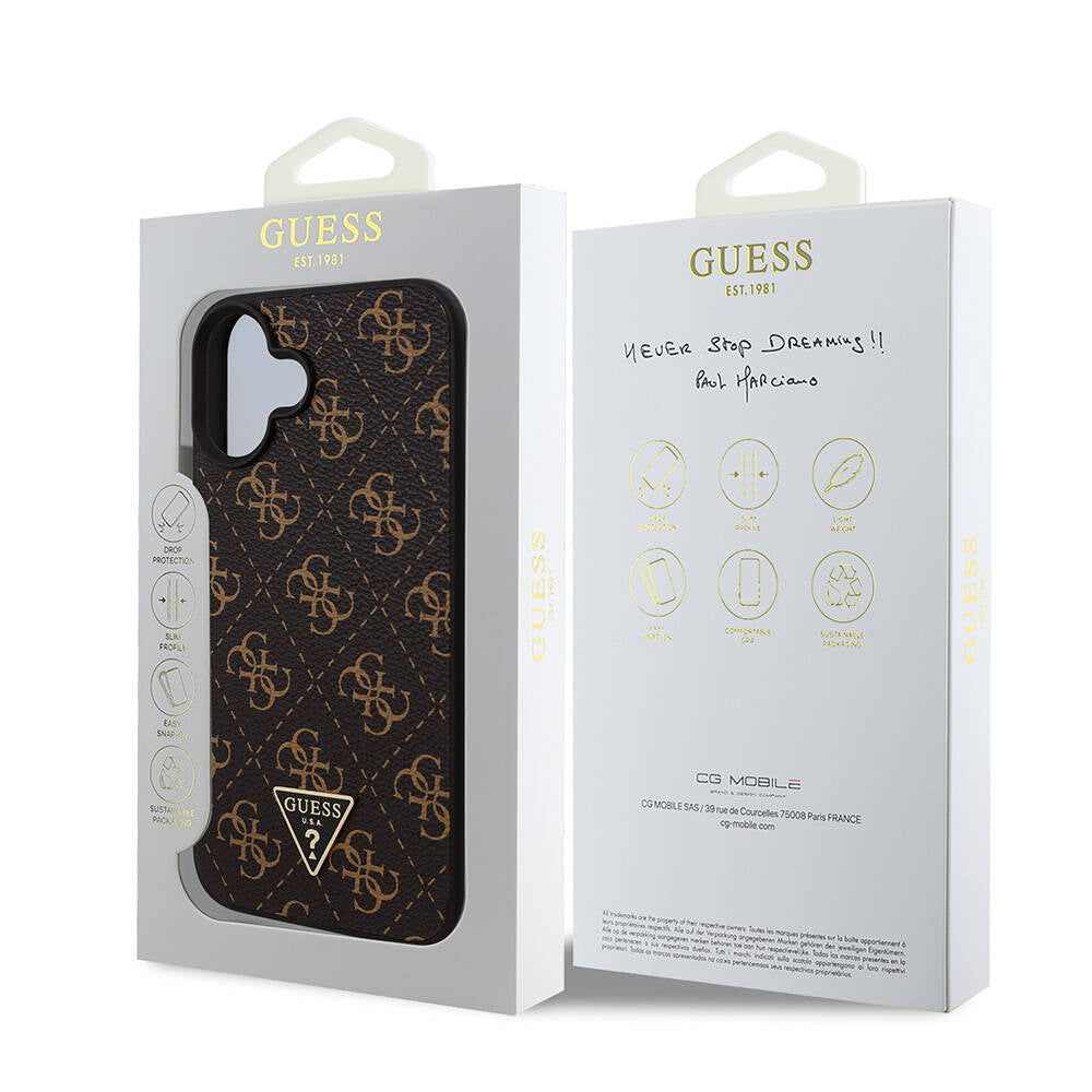 Apple iPhone 16 Kılıf Guess Orjinal Lisanslı PU Deri 4G Desenli Üçgen Logolu Kapak Siyah