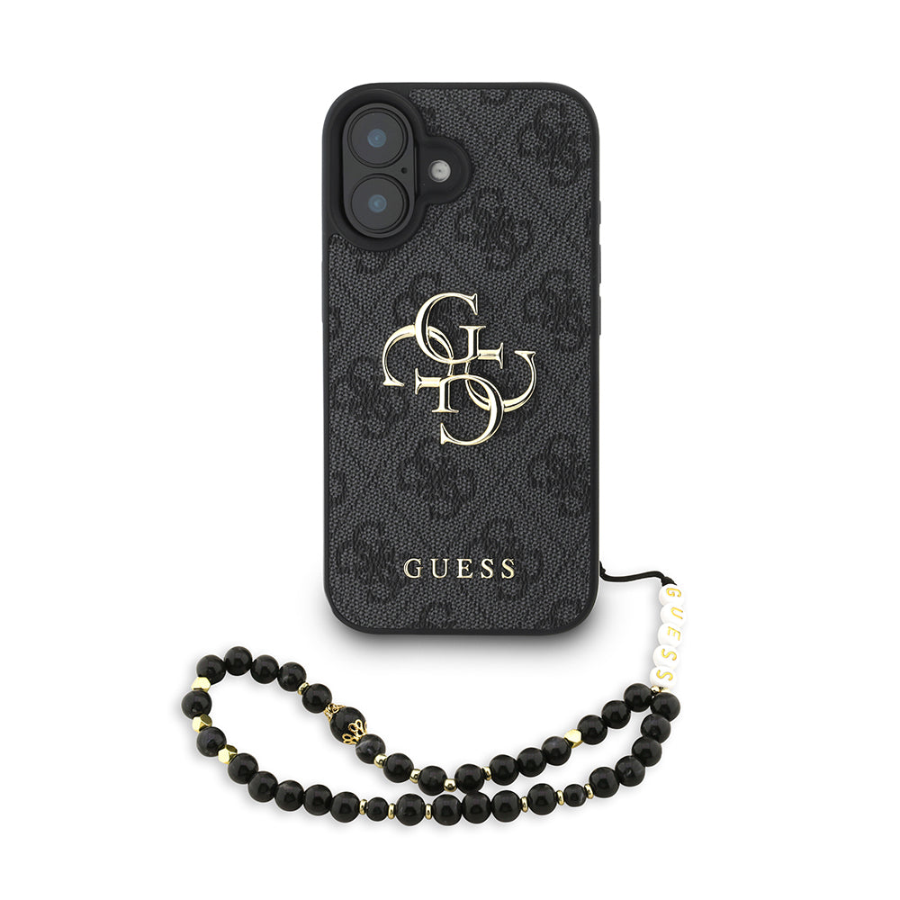 iPhone 16 Kılıf Guess Orjinal Lisanslı PU Deri Bilek Askı İpli Metal Büyük 4G ve Yazı Logolu Kılıf