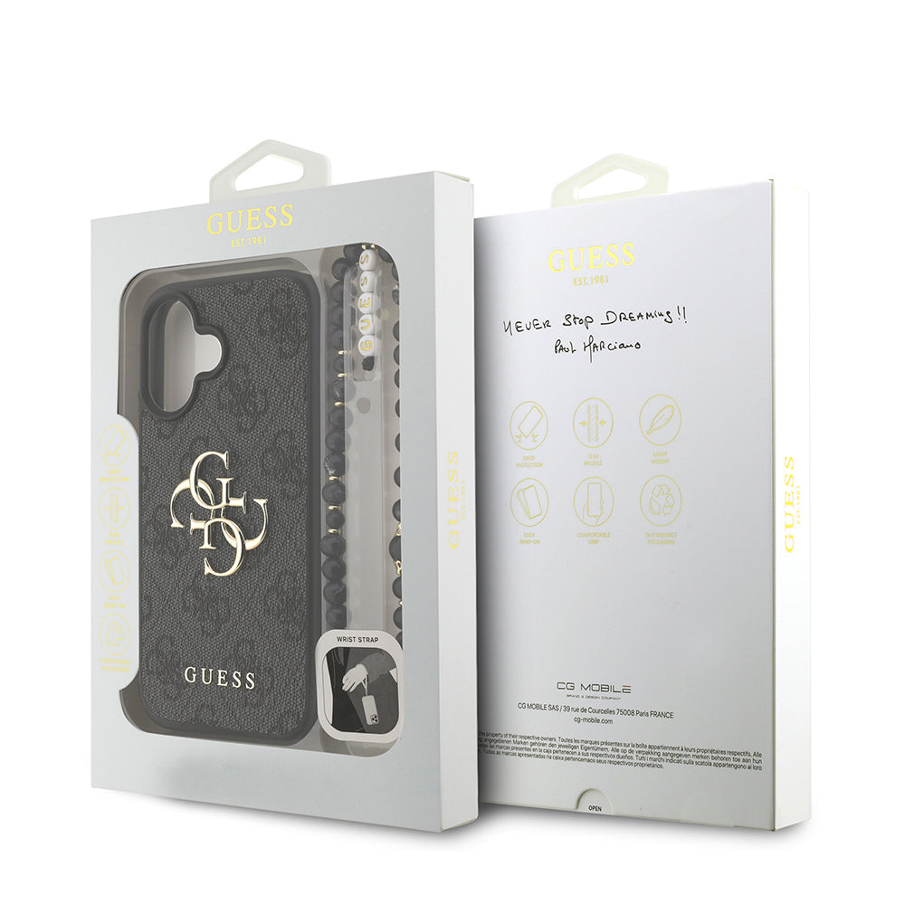 iPhone 16 Kılıf Guess Orjinal Lisanslı PU Deri Bilek Askı İpli Metal Büyük 4G ve Yazı Logolu Kılıf