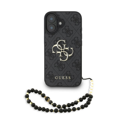 iPhone 16 Kılıf Guess Orjinal Lisanslı PU Deri Bilek Askı İpli Metal Büyük 4G ve Yazı Logolu Kılıf