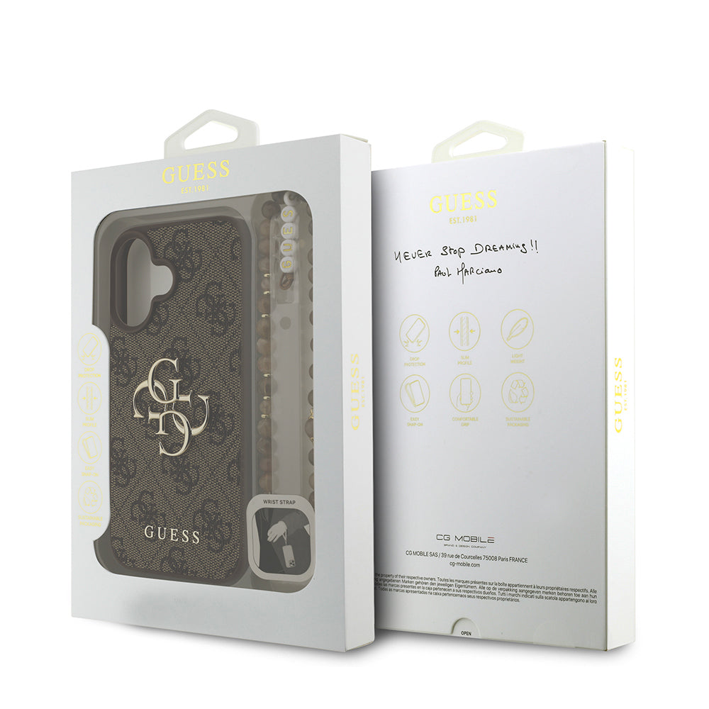 iPhone 16 Kılıf Guess Orjinal Lisanslı PU Deri Bilek Askı İpli Metal Büyük 4G ve Yazı Logolu Kılıf