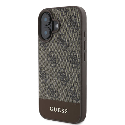 Apple iPhone 16 Kılıf Guess Orjinal Lisanslı PU Deri Şerit Logo Dizaynlı Kapak Kahverengi