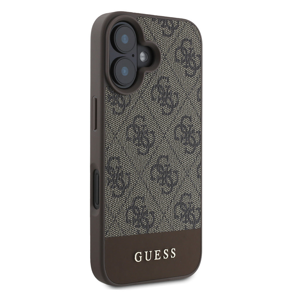 Apple iPhone 16 Kılıf Guess Orjinal Lisanslı PU Deri Şerit Logo Dizaynlı Kapak Kahverengi