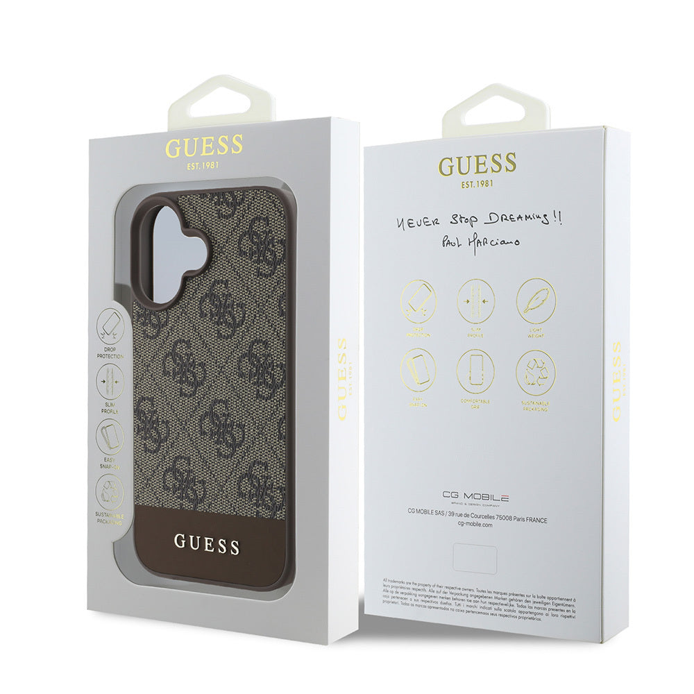 Apple iPhone 16 Kılıf Guess Orjinal Lisanslı PU Deri Şerit Logo Dizaynlı Kapak Kahverengi