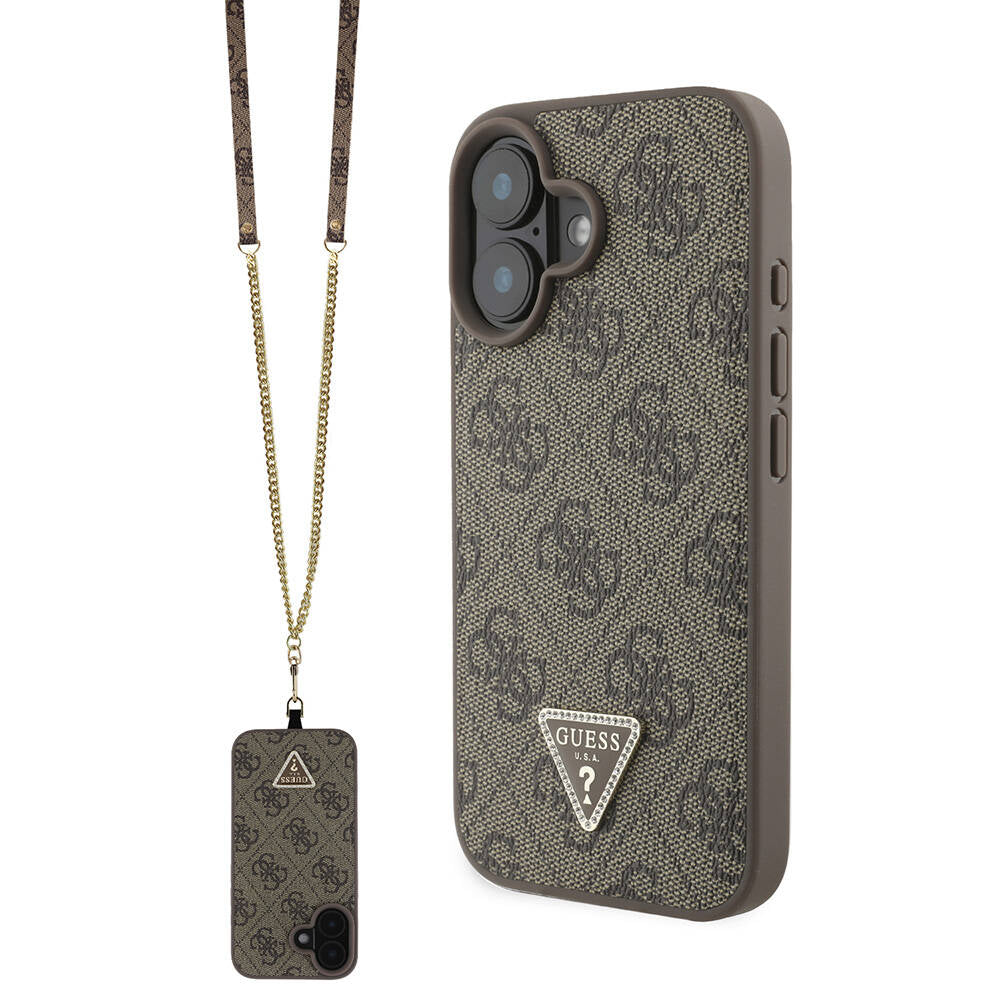 iPhone 16 Kılıf Guess Orjinal Lisanslı PU Deri Taşlı Metal Üçgen Logolu Çapraz Vücut Askılı 4G Desenli Kılıf
