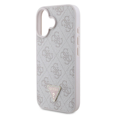Apple iPhone 16 Kılıf Guess Orjinal Lisanslı PU Deri Taşlı Metal Üçgen Logolu Çapraz Vücut Askılı 4G Desenli Kapak Pembe