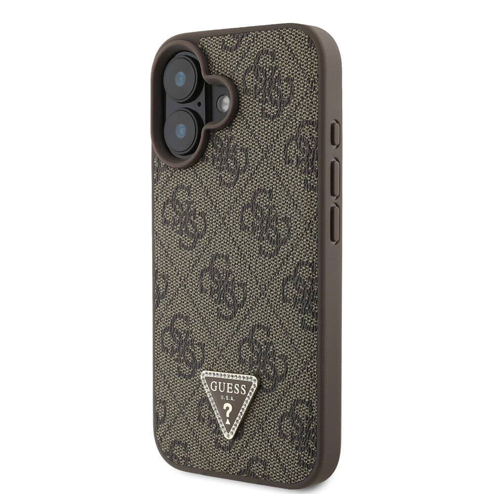 Apple iPhone 16 Kılıf Guess Orjinal Lisanslı PU Deri Taşlı Metal Üçgen Logolu Çapraz Vücut Askılı 4G Desenli Kapak Pembe