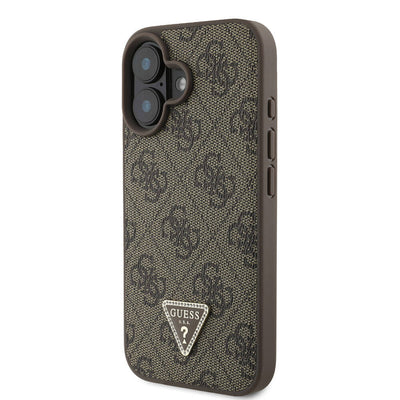 Apple iPhone 16 Kılıf Guess Orjinal Lisanslı PU Deri Taşlı Metal Üçgen Logolu Çapraz Vücut Askılı 4G Desenli Kapak Pembe