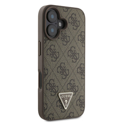 iPhone 16 Kılıf Guess Orjinal Lisanslı PU Deri Taşlı Metal Üçgen Logolu Çapraz Vücut Askılı 4G Desenli Kılıf