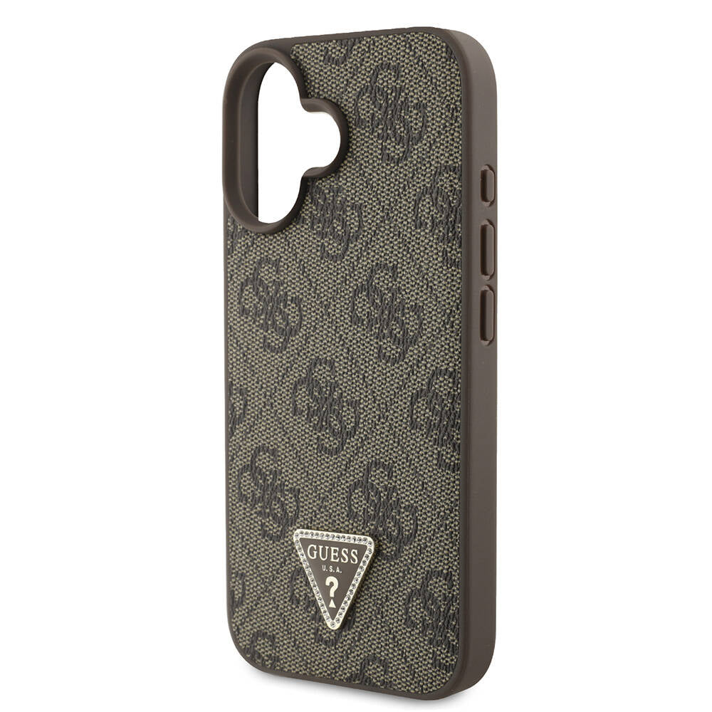 iPhone 16 Kılıf Guess Orjinal Lisanslı PU Deri Taşlı Metal Üçgen Logolu Çapraz Vücut Askılı 4G Desenli Kılıf