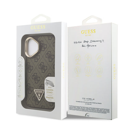 iPhone 16 Kılıf Guess Orjinal Lisanslı PU Deri Taşlı Üçgen Logo 4G Desenli Kamera Standlı Kılıf