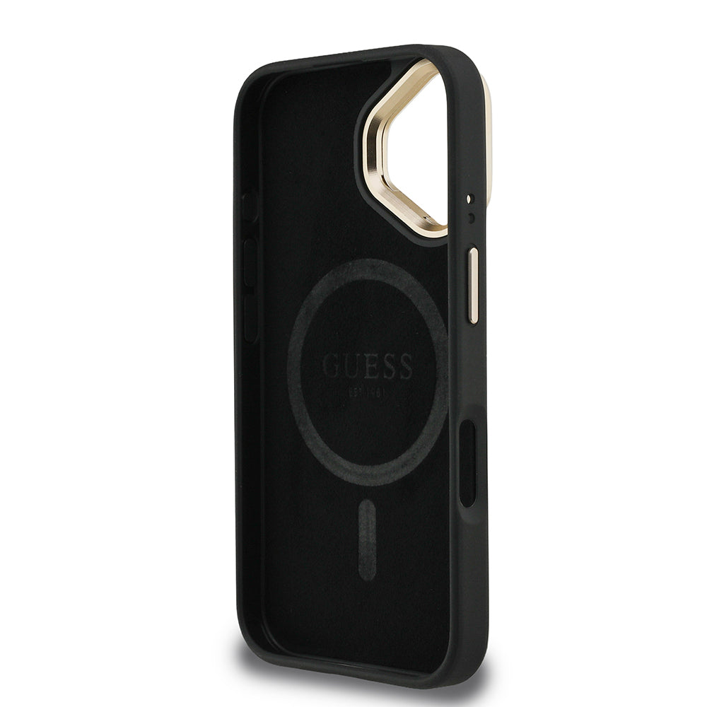 iPhone 16 Kılıf Guess Orjinal Lisanslı PU Deri Taşlı Üçgen Logo 4G Desenli Kamera Standlı Kılıf