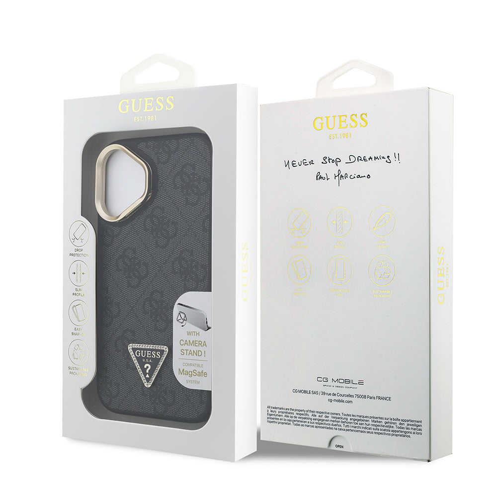 iPhone 16 Kılıf Guess Orjinal Lisanslı PU Deri Taşlı Üçgen Logo 4G Desenli Kamera Standlı Kılıf