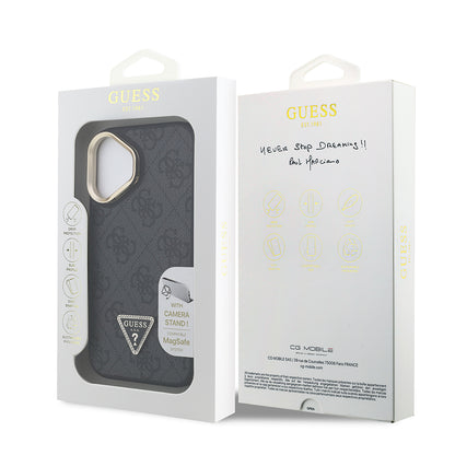 iPhone 16 Kılıf Guess Orjinal Lisanslı PU Deri Taşlı Üçgen Logo 4G Desenli Kamera Standlı Kılıf