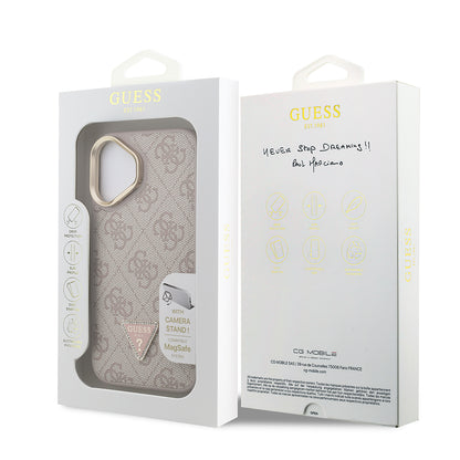 iPhone 16 Kılıf Guess Orjinal Lisanslı PU Deri Taşlı Üçgen Logo 4G Desenli Kamera Standlı Kılıf
