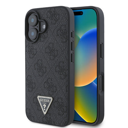 iPhone 16 Kılıf Guess Orjinal Lisanslı PU Deri Taşlı Üçgen Logo 4G Desenli Strass Kılıf