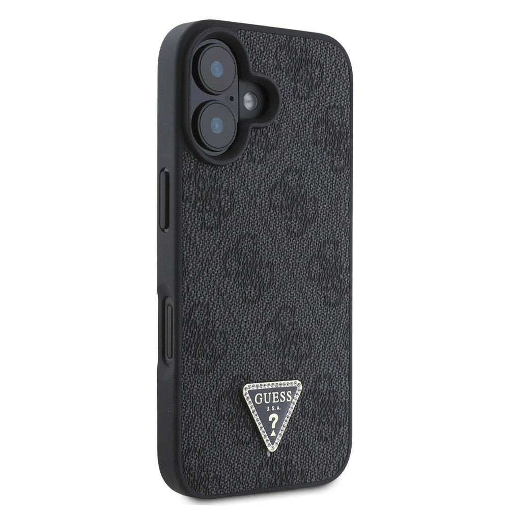 iPhone 16 Kılıf Guess Orjinal Lisanslı PU Deri Taşlı Üçgen Logo 4G Desenli Strass Kılıf
