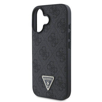 Apple iPhone 16 Kılıf Guess Orjinal Lisanslı PU Deri Taşlı Üçgen Logo 4G Desenli Strass Kapak Kahverengi