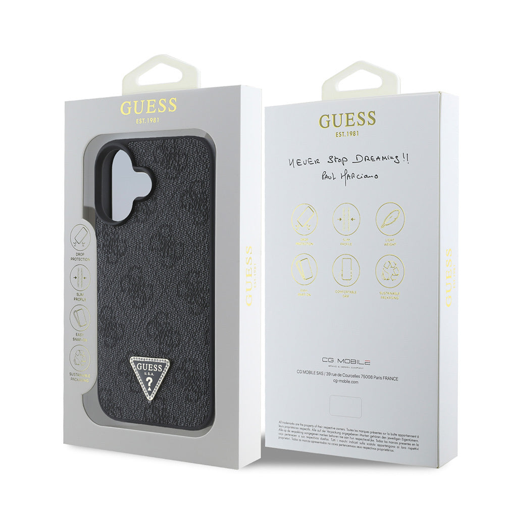 iPhone 16 Kılıf Guess Orjinal Lisanslı PU Deri Taşlı Üçgen Logo 4G Desenli Strass Kılıf