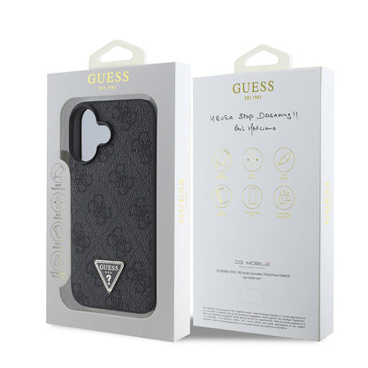 iPhone 16 Kılıf Guess Orjinal Lisanslı PU Deri Taşlı Üçgen Logo 4G Desenli Strass Kılıf