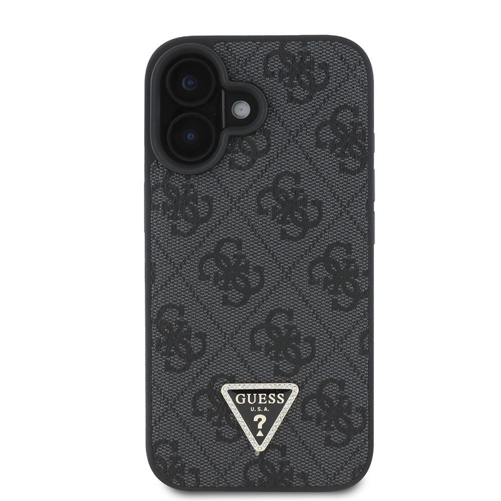 iPhone 16 Kılıf Guess Orjinal Lisanslı PU Deri Taşlı Üçgen Logo 4G Desenli Strass Kılıf