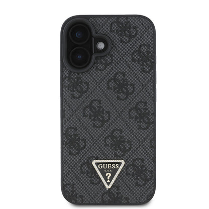 iPhone 16 Kılıf Guess Orjinal Lisanslı PU Deri Taşlı Üçgen Logo 4G Desenli Strass Kılıf