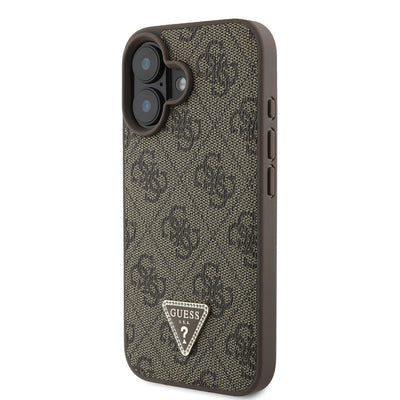 Apple iPhone 16 Kılıf Guess Orjinal Lisanslı PU Deri Taşlı Üçgen Logo 4G Desenli Strass Kapak Kahverengi