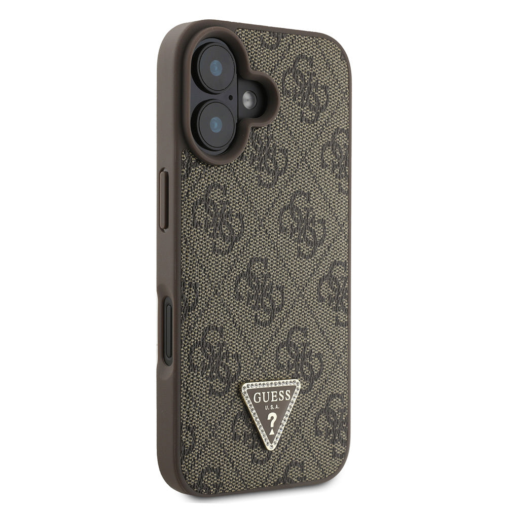 iPhone 16 Kılıf Guess Orjinal Lisanslı PU Deri Taşlı Üçgen Logo 4G Desenli Strass Kılıf