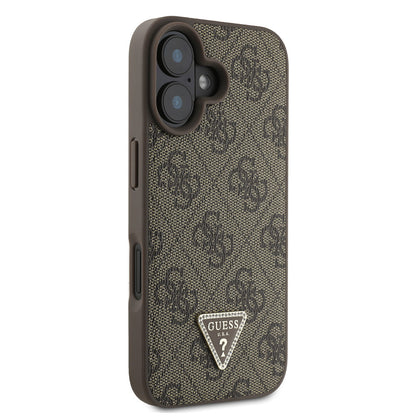 iPhone 16 Kılıf Guess Orjinal Lisanslı PU Deri Taşlı Üçgen Logo 4G Desenli Strass Kılıf