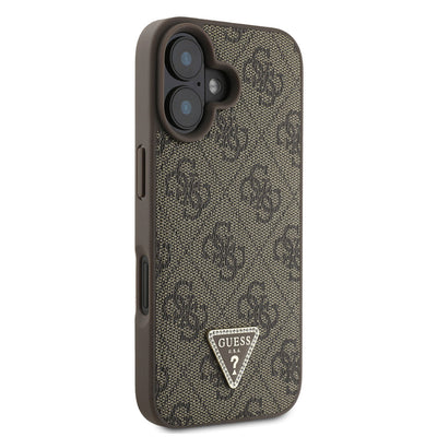 Apple iPhone 16 Kılıf Guess Orjinal Lisanslı PU Deri Taşlı Üçgen Logo 4G Desenli Strass Kapak Kahverengi