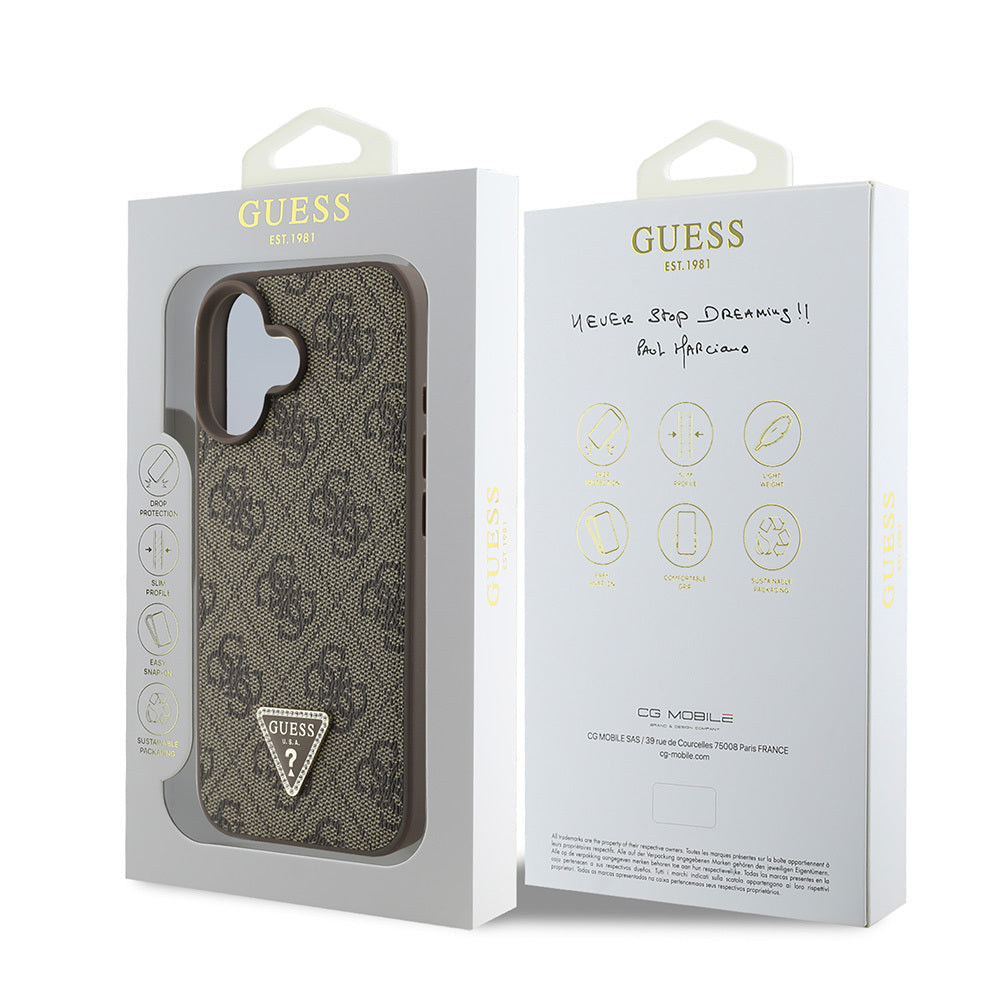 iPhone 16 Kılıf Guess Orjinal Lisanslı PU Deri Taşlı Üçgen Logo 4G Desenli Strass Kılıf